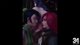 Katarina and Akali kissing Ahri's cock miniature