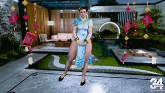 Thick enticing Chun Li poses solo in a revealing dress without panties thumbnail