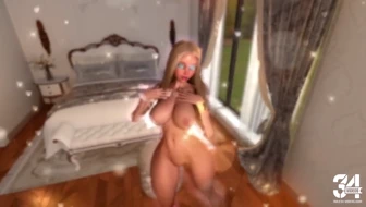 Curvy nude Barbie girl playfully poses alone in a luxurious bedroom thumbnail