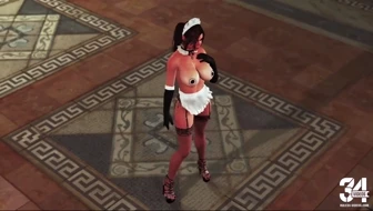 Sultry tonned Lara Croft in maid uniform welcomes guests at country villa thumbnail