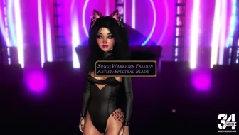 Exotic fluffy cat girl in tight bodysuit dancing alone in night club thumbnail